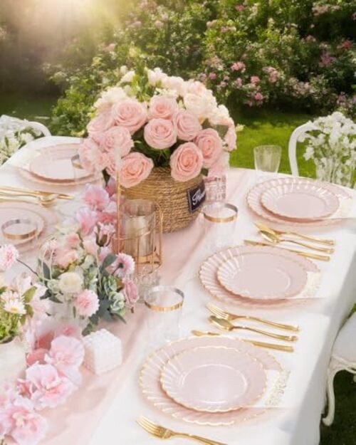Scalloped Plastic Plates - Gold Disposable Dinnerware Set Include 175PCS Pink
