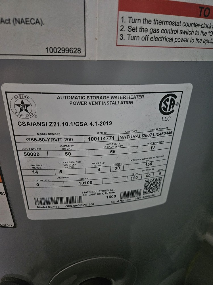 State Brand Name Gas Power Vent Water Heater Natural Gas Water Heater