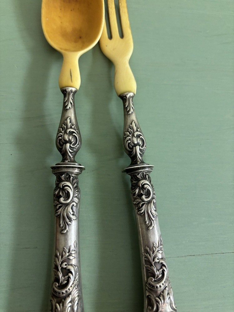 Antique silver And Horn salad Server fork and spoon (signed)