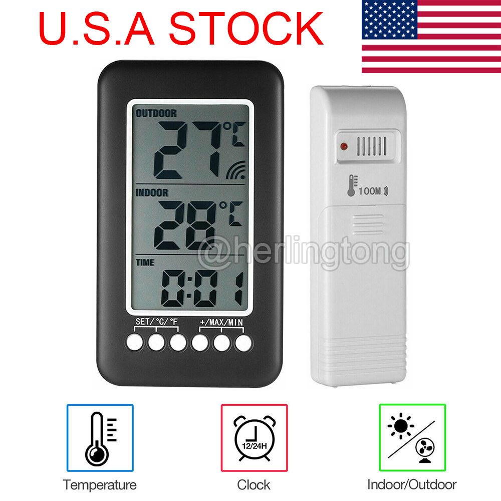 Digital Thermometer Clock Temperature Wireless Transmitter Meter In / Outdoor US