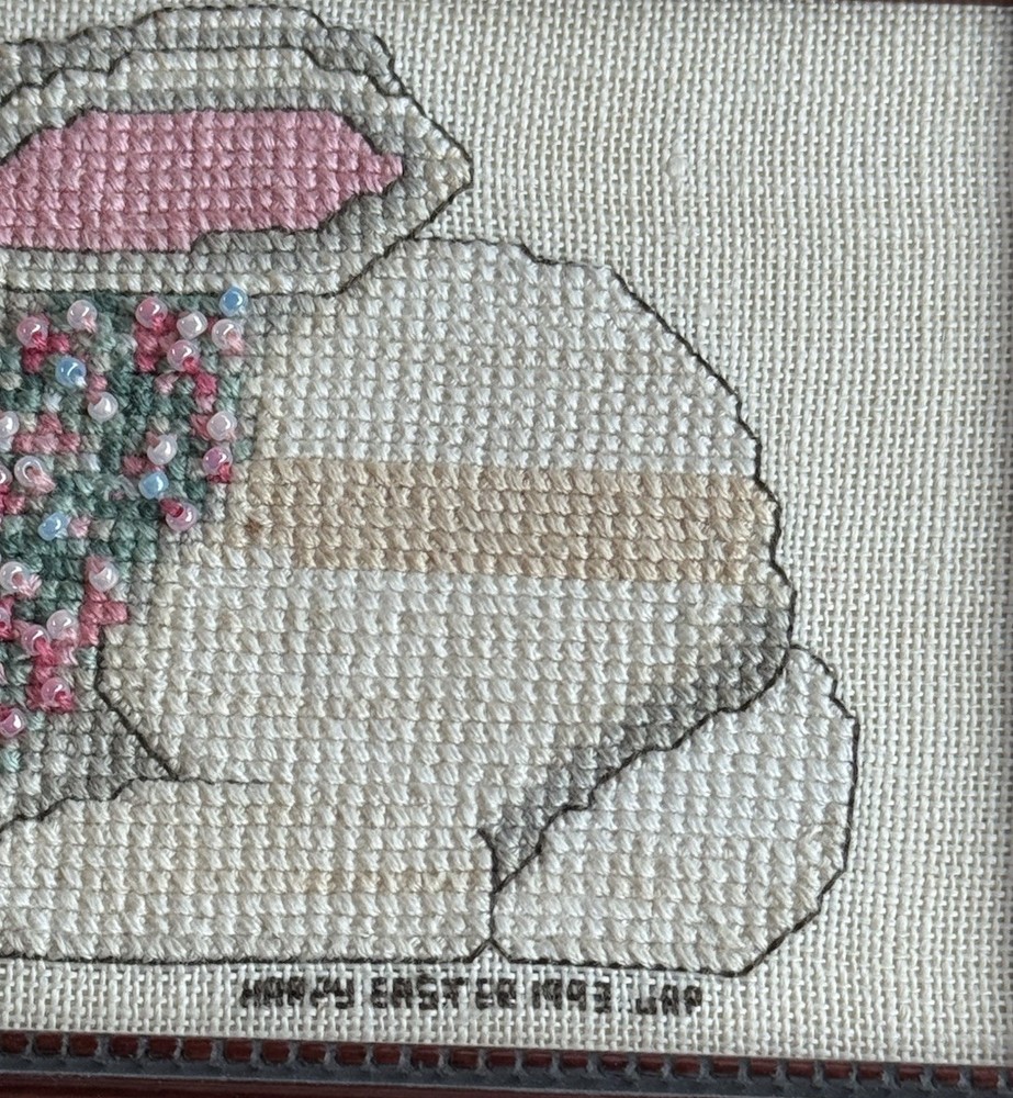 Bunny Rabbit Completed Cross Stitch Framed Finished Beads Easter Small 5”x4”