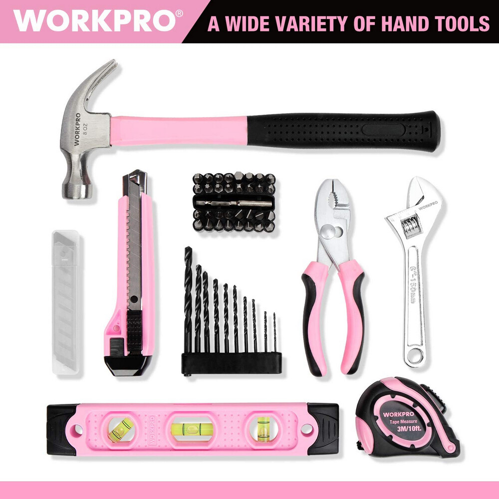 WORKPRO 12V Pink Cordless Drill Driver Set Home Tool 61PC Hand Tool Set Bag Pink