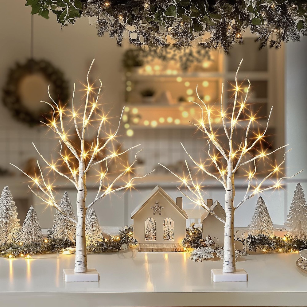 Christmas Decorations 2 Pack Lighted Birch Tree, Artificial Tree with 24 LED ...