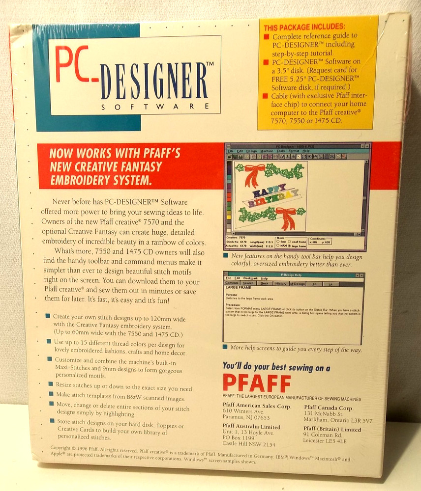 PFAFF 7570 7550 PC Designer Software Version 2.0 Software cable Embroidery NEW