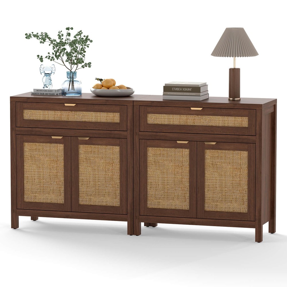 2 PCS Buffet Cabinet Sideboard Storage Cabinet Rattan Doors Adjustable Shelf