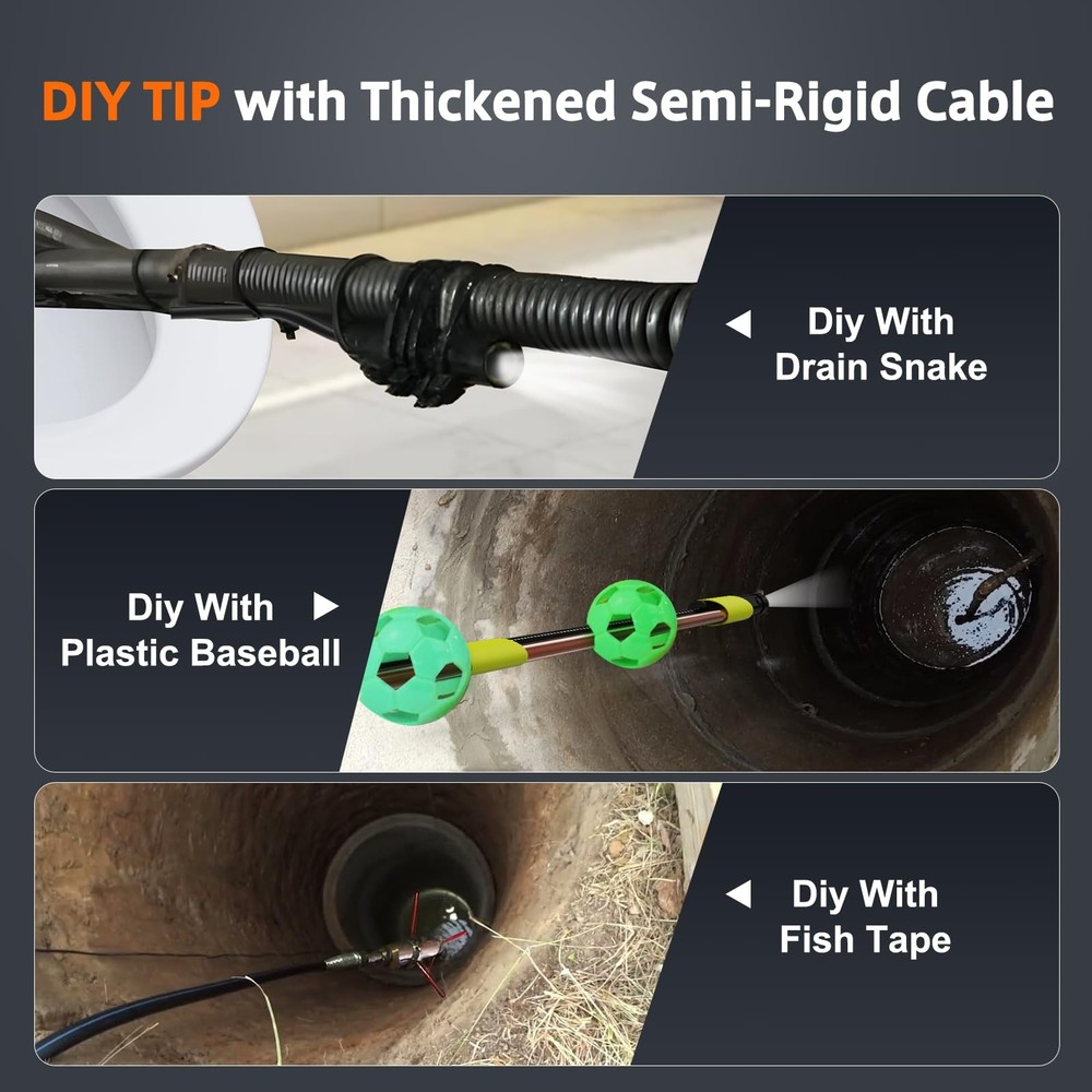 Triple Lens Inspection Drain Camera, 5 IPS Split Screen Borescope with Light &