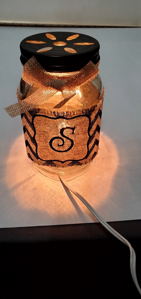 Mason Jar Night Light Rustic Burlap Farmhouse Decor Monogram Letter S Initial