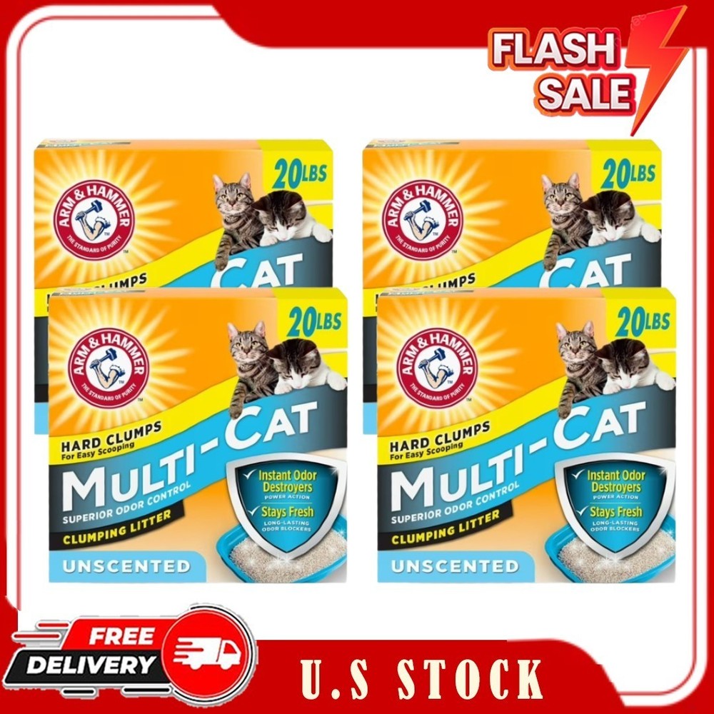 4 Pack ARM & HAMMER Multi-Cat Clumping Litter Unscented, 20 lb