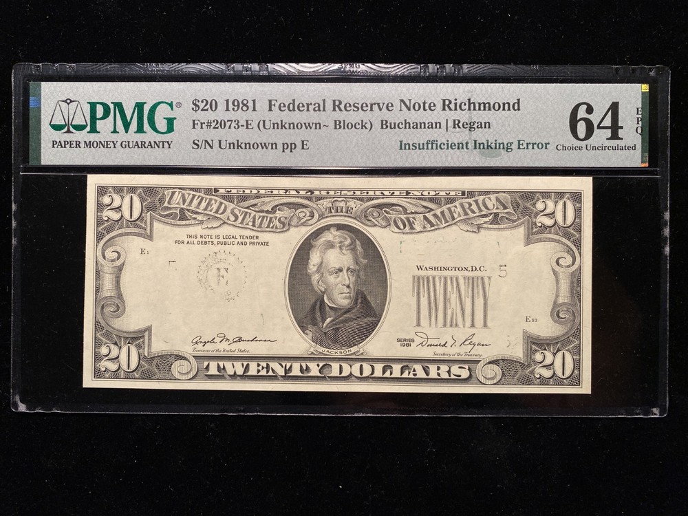 1981 Insufficient Inking Error $20 Note PMG Uncirculated CU64 Missing Print Bill