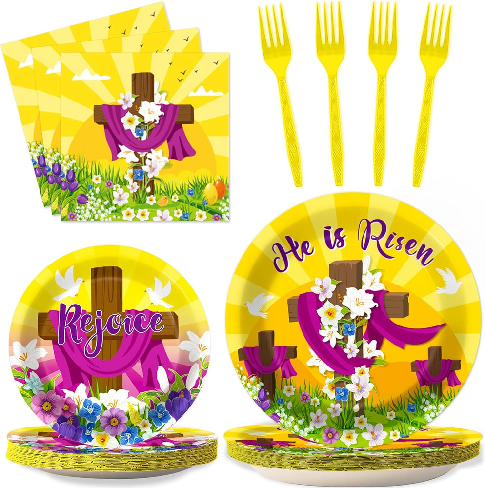 96 Pcs Easter Tableware Set He Is Risen Plates Happy Easter Party Plates East...