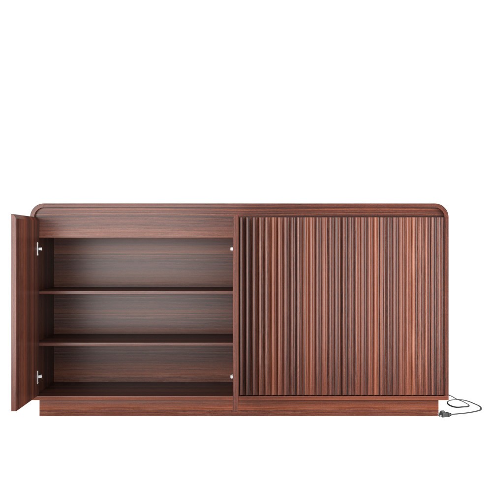 Walnut TV Stand with Power Outlet, Adjustable Storage, Fluted Handleless