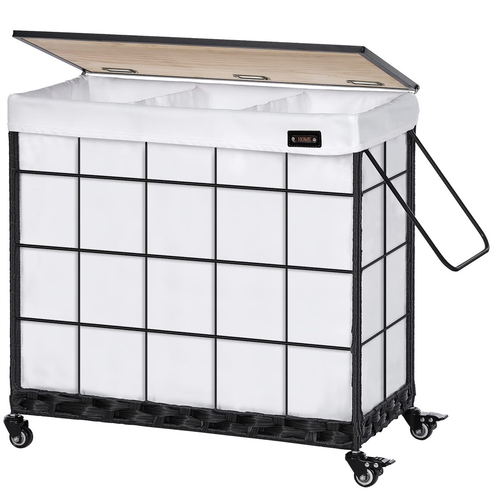 Laundry Hamper with Heavy Duty Caster Wheels; 3 Sections Clothes Hamper with ...