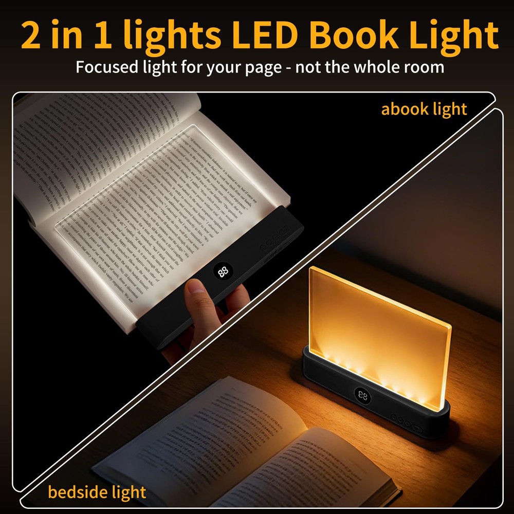 Book Light Rechargeable LED Flat Reading Bed 3 Colors Timer Panel Plate Lamp