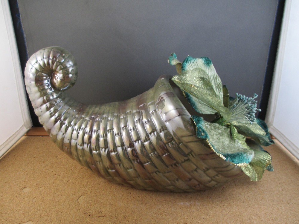 Green Ceramic Cornucopia Thanksgiving Table Decor & Silk Flower