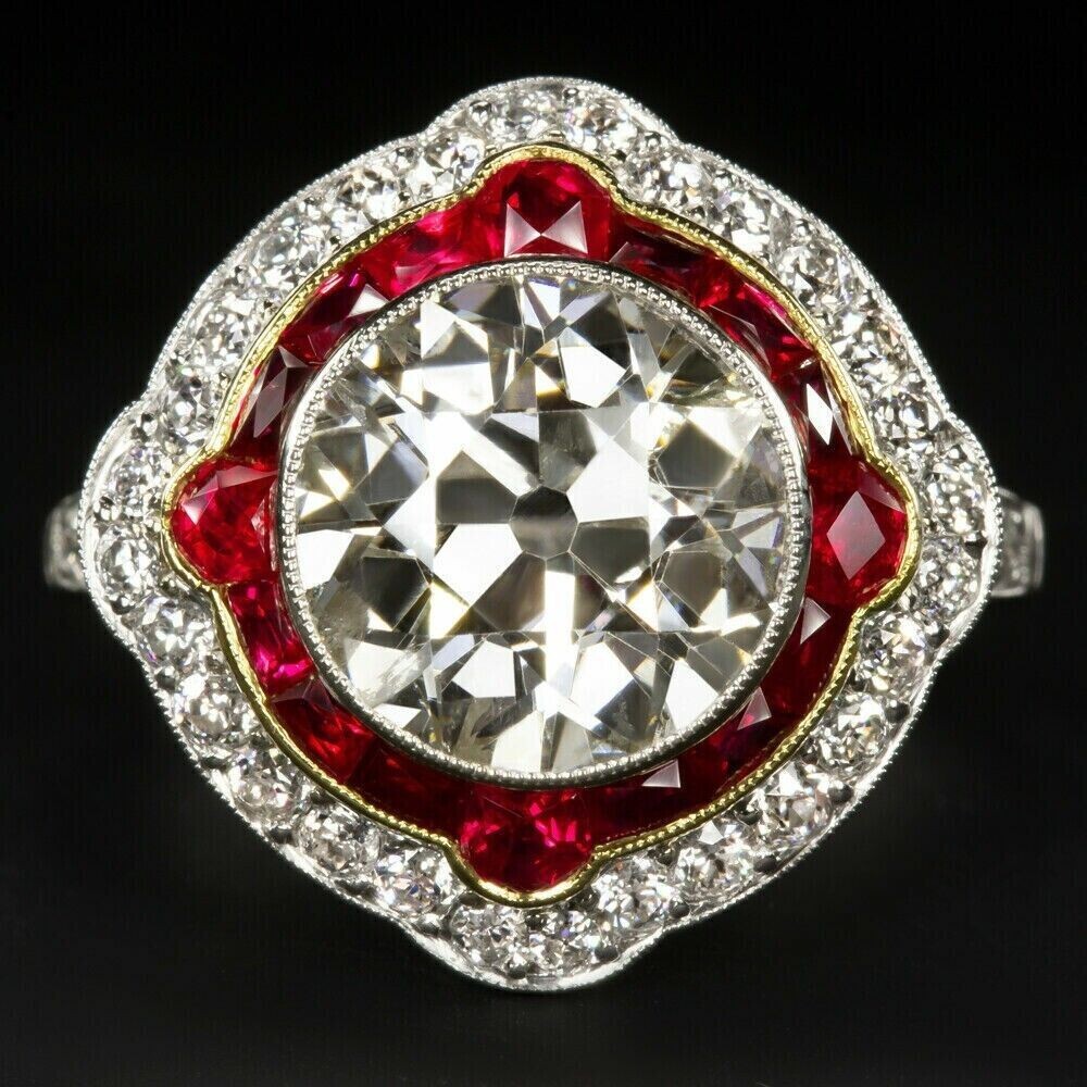 Art Deco Style 4CT Lab-Created Diamond & Red Ruby Engagement Ring In 925 Silver