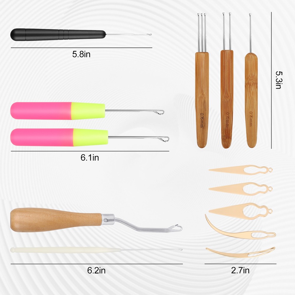 13PCS Bamboo Handle Dreadlock Hook Crochet Needle Set Braiding Hair Locking Tool