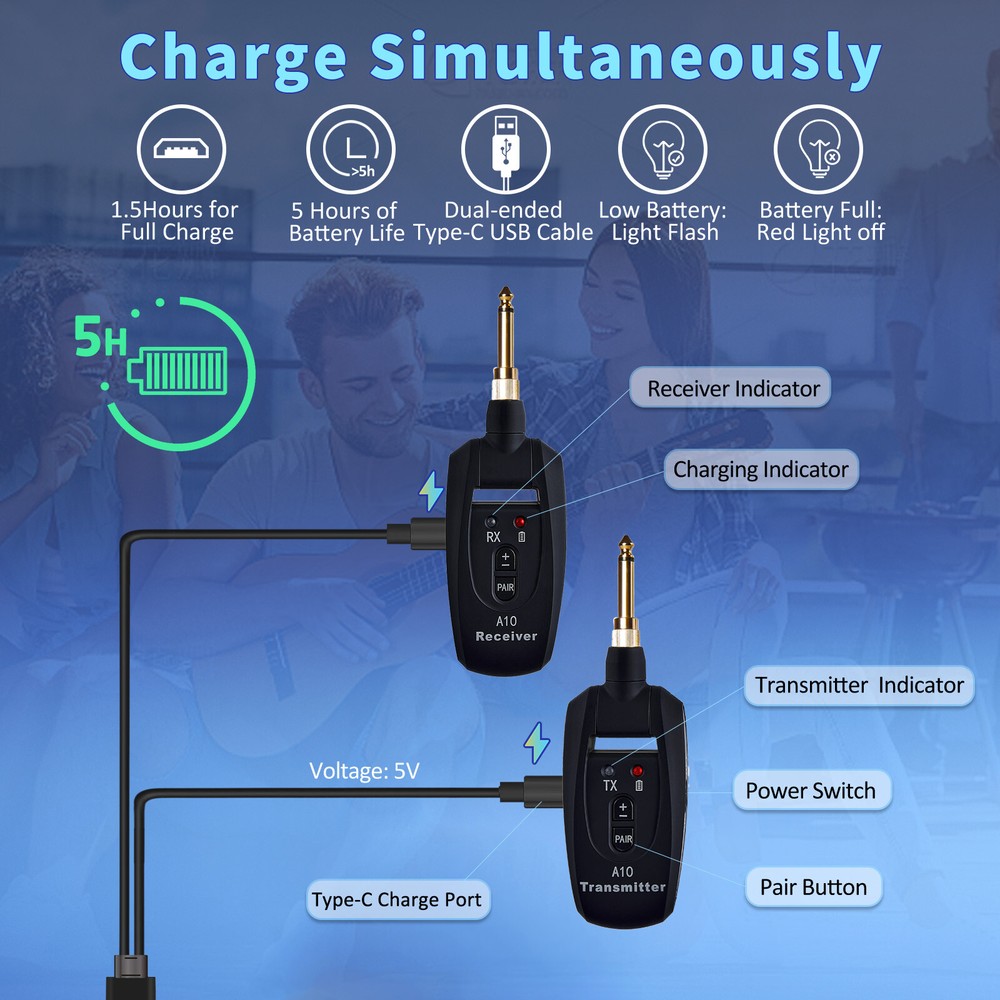 Wireless System Built-in Rechargeable Transmitter Receiver for Electric Guitar