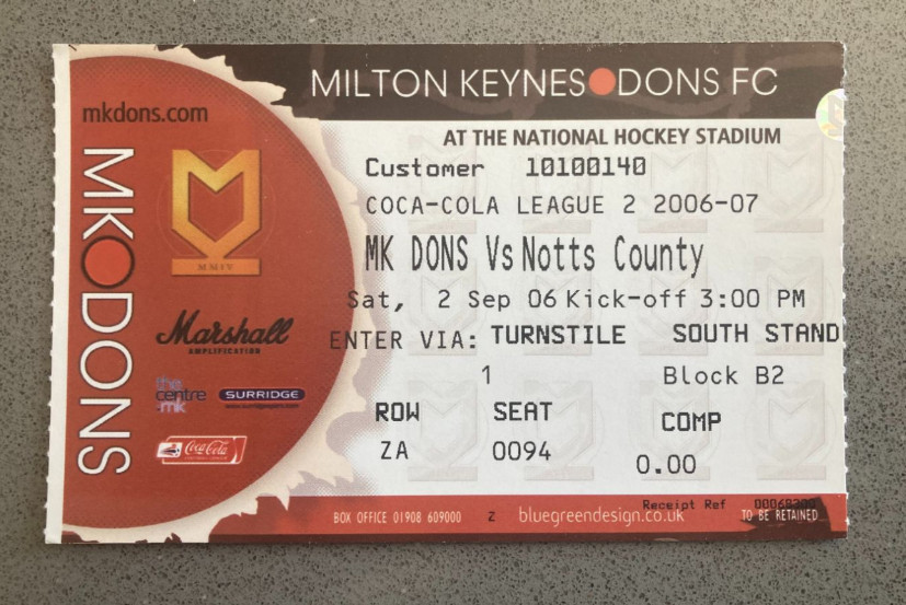 Milton Keynes Dons v Notts County 2006-07 Match Ticket