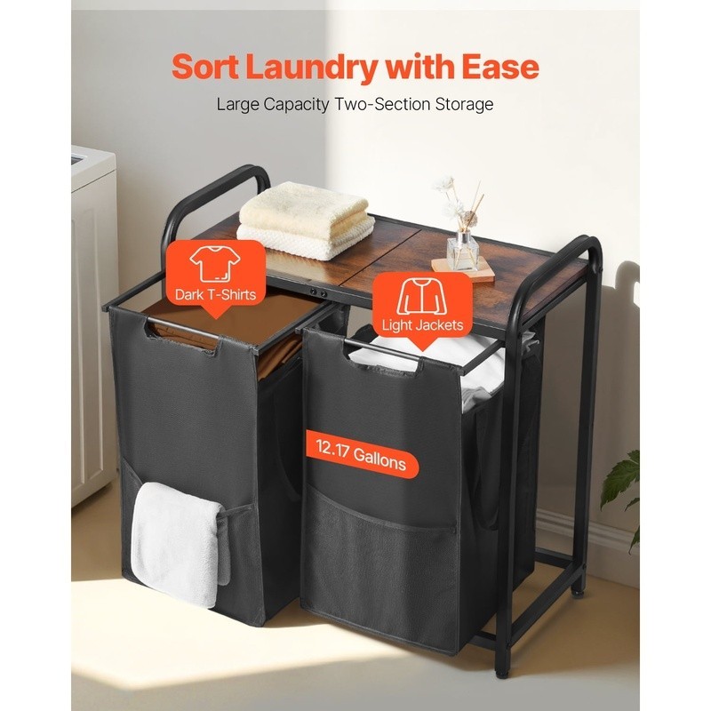 Versatile Laundry Sorter Organizer W/ Sturdy Frame Pull-Out Bags Adjustable Feet