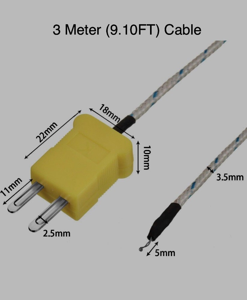 3 Meter K Type Thermocouple Probe Temperature Sensor for TM902C/TES1310 - 2 Pack