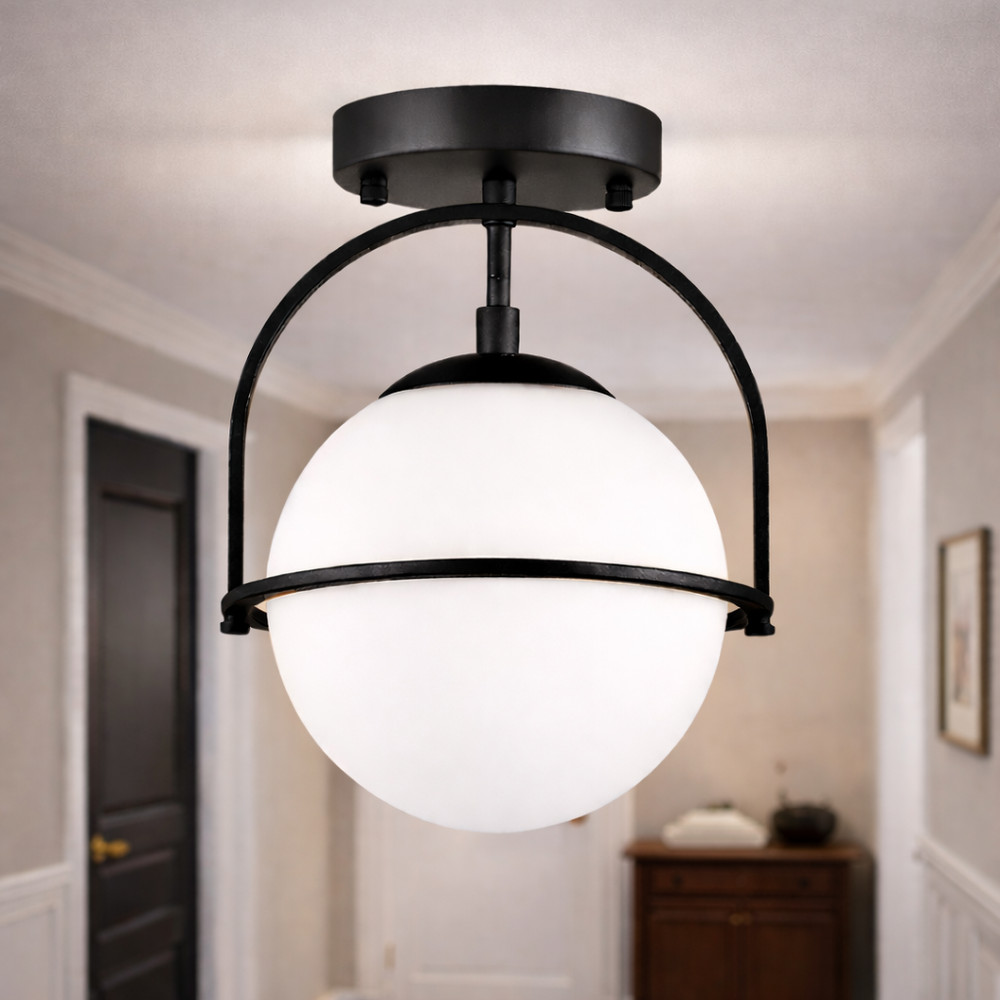 Flush Mount Globe Ceiling Light with Opal Glass Shade, Black E26 Base 1-Light