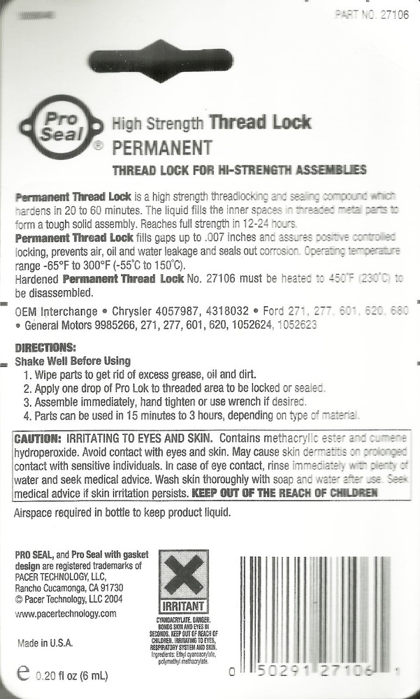 Pro Lok PERMANENT Thread Locker RED Thread Lock nut bolt stud PRO SEAL 27106