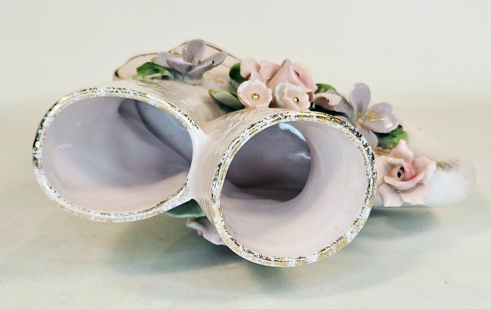 Lefton Double Vase Pink and Gold Molded Flowers Cornucopia
