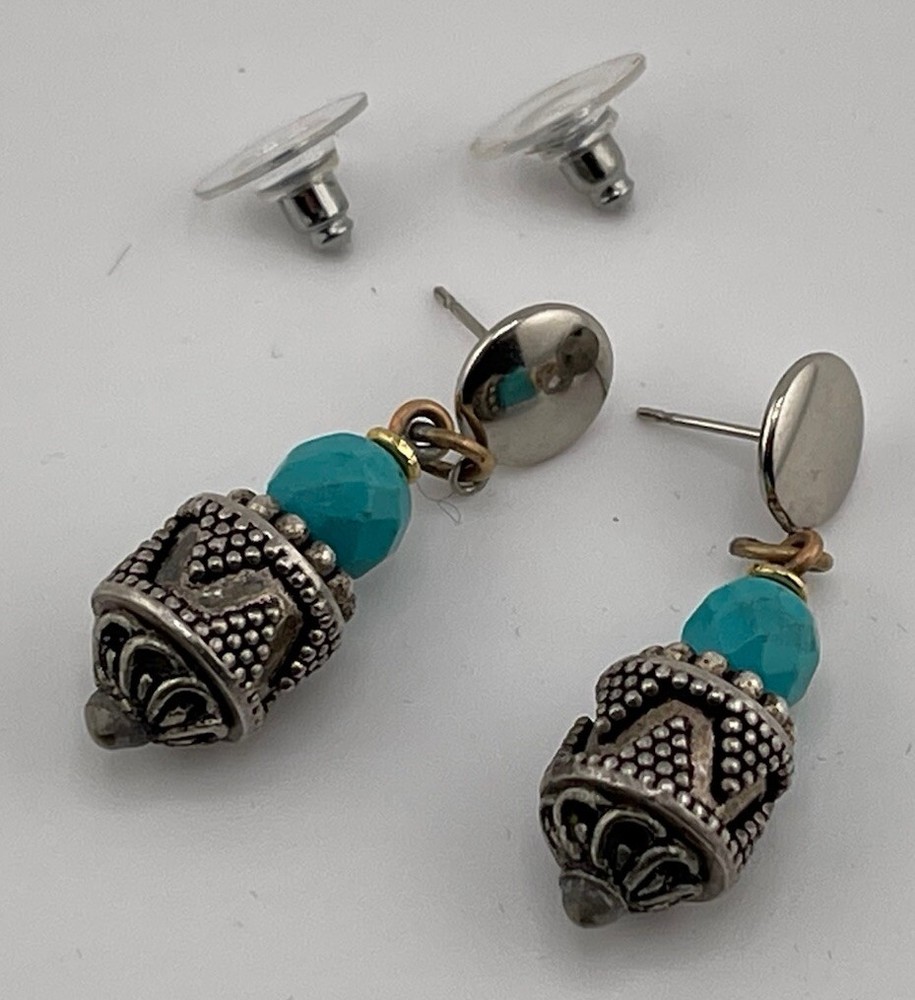 Marsha Archer 1 3/4” Dangle Turquoise & Silver Earrings Pierced Ears/Stud Back