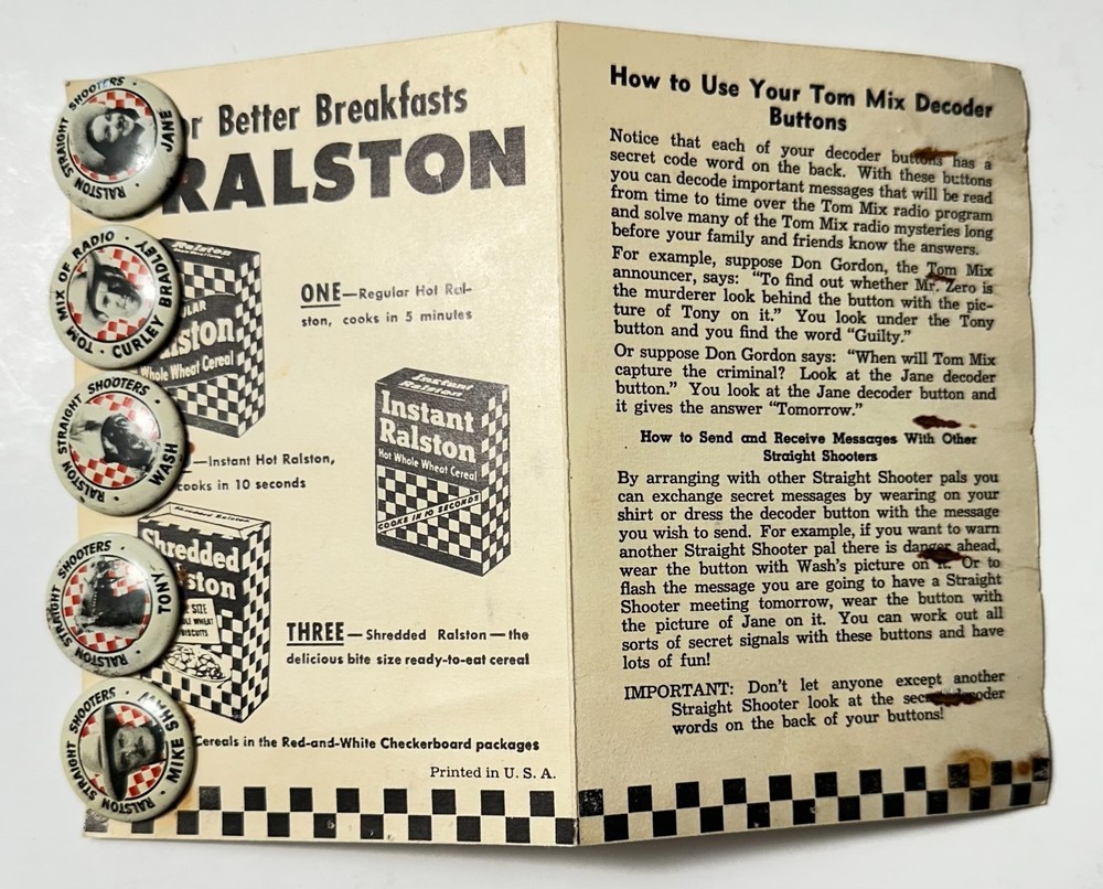 1946 Ralston Cereal, TOM MIX Straight Shooters Decoder Pins + Instructions Cover