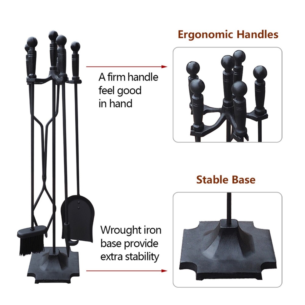 5 Pcs Iron Fireplace Tools Set in Handle Wrought Iron; Black