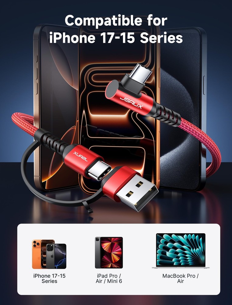 JSAUX 100W USB C Cable [2-Pack 6.6FT], Right Angle Fast Charging 6.6FT, Red