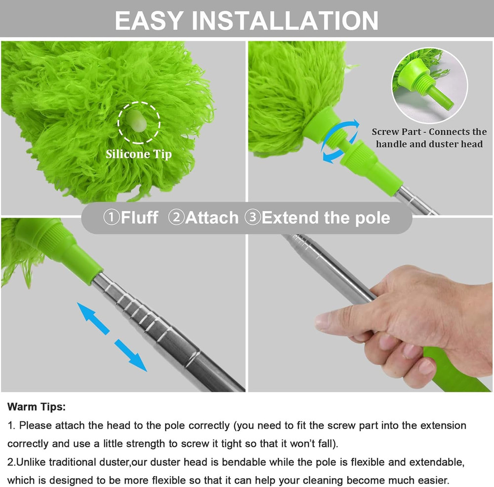 Microfiber Feather Duster Extendable Duster w/ 100 Inches Extra Long Pole Green
