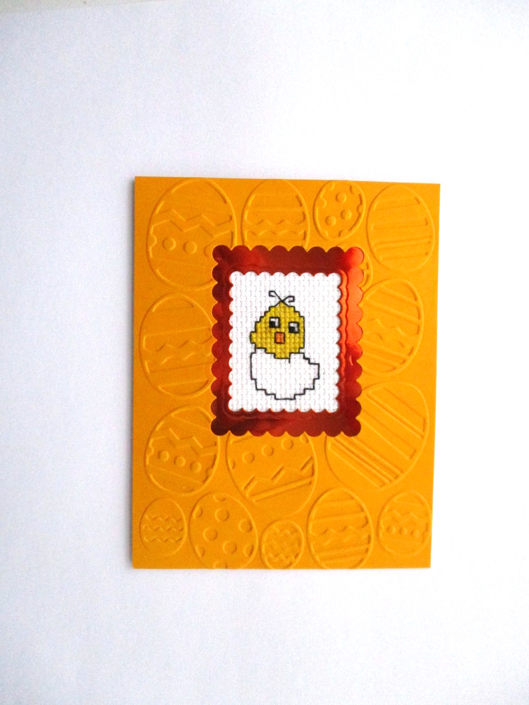 Handmade Greeting Card Cross Stitch Completed Finished Easter Chick .
