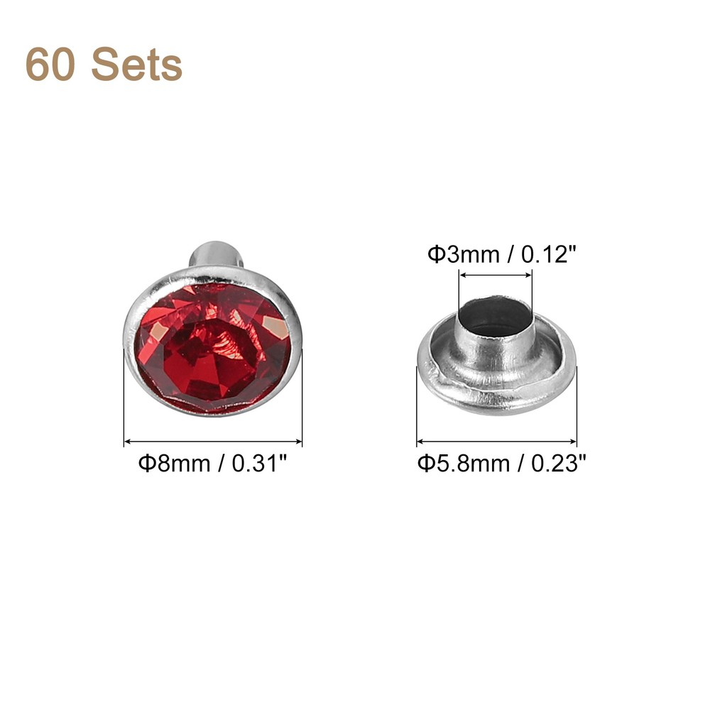 60 Sets Rhinestone Rivets, 8mm Crystal Rivets Leather Rivets, Red