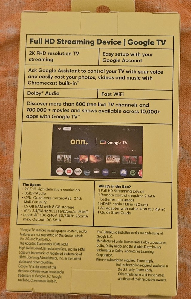 ONN GOOGLE TV FULL HD STREAMING STICK