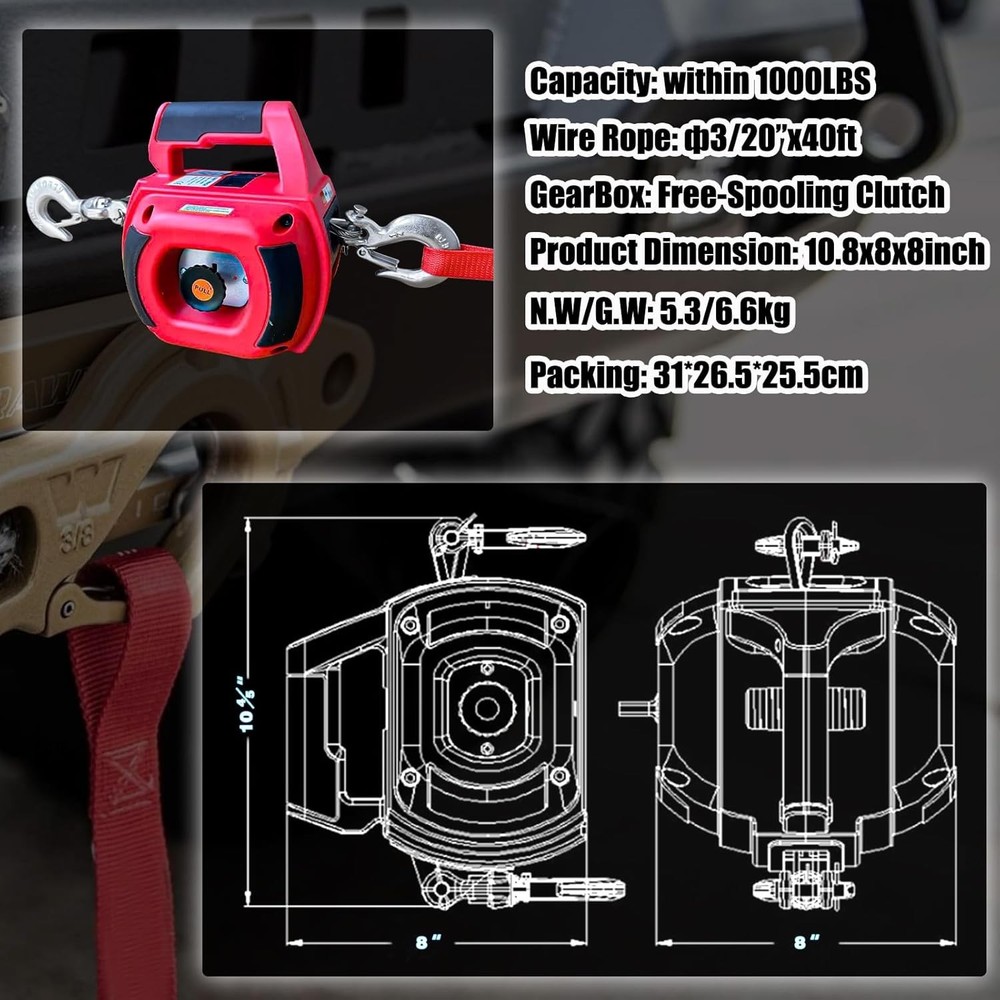 Portable Drill Winch 1000LB Pulling Capacity with 40 Feet Steel Wire Rope