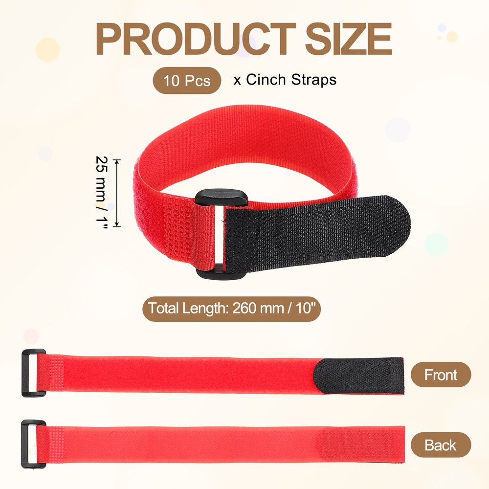10pcs Reusable Cinch Straps 1"x10" Hook and Loop Cable Securing Straps, Red