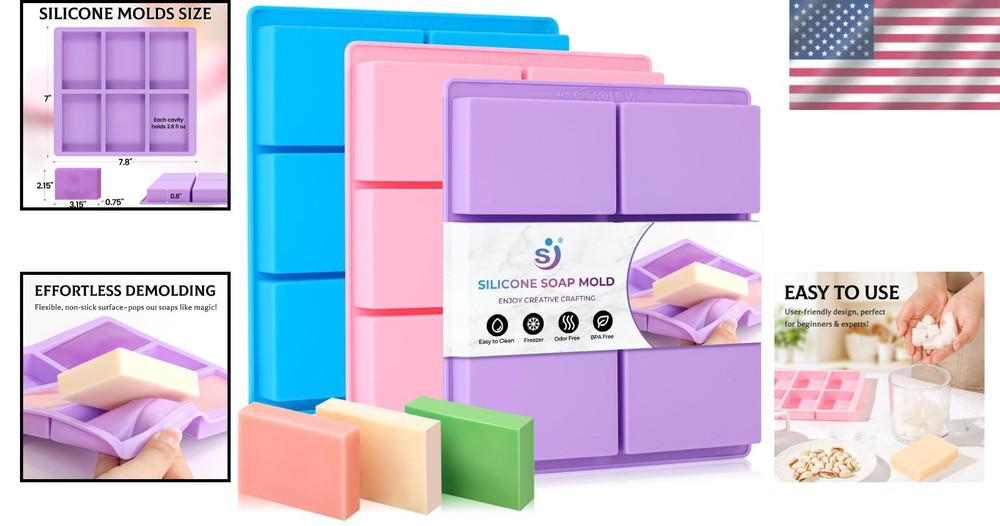 3-Pack Silicone Soap Molds - Rectangle 6 Cavity Design for Creative Crafts