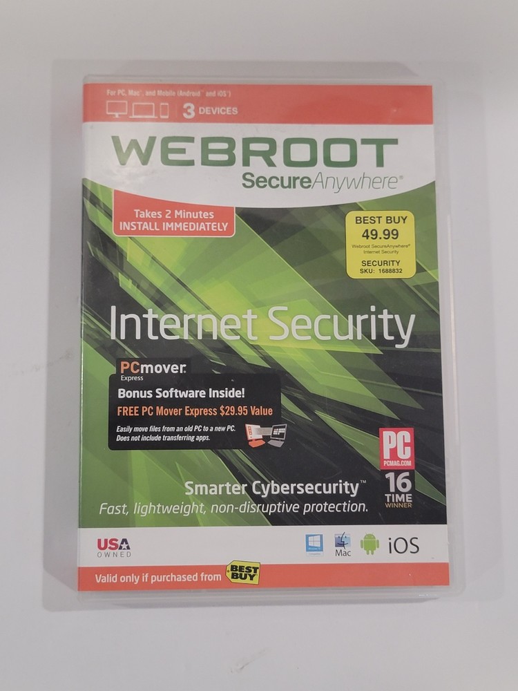Webroot Secure Anywhere Internet Security PC Mac Mobile 3 Device