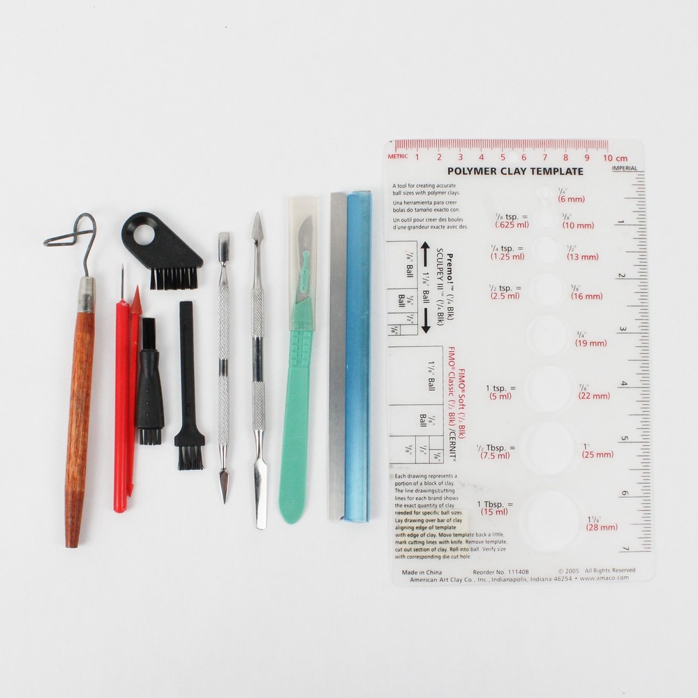 Assorted Small Clay Hand Tools, 11 Pieces Including Template