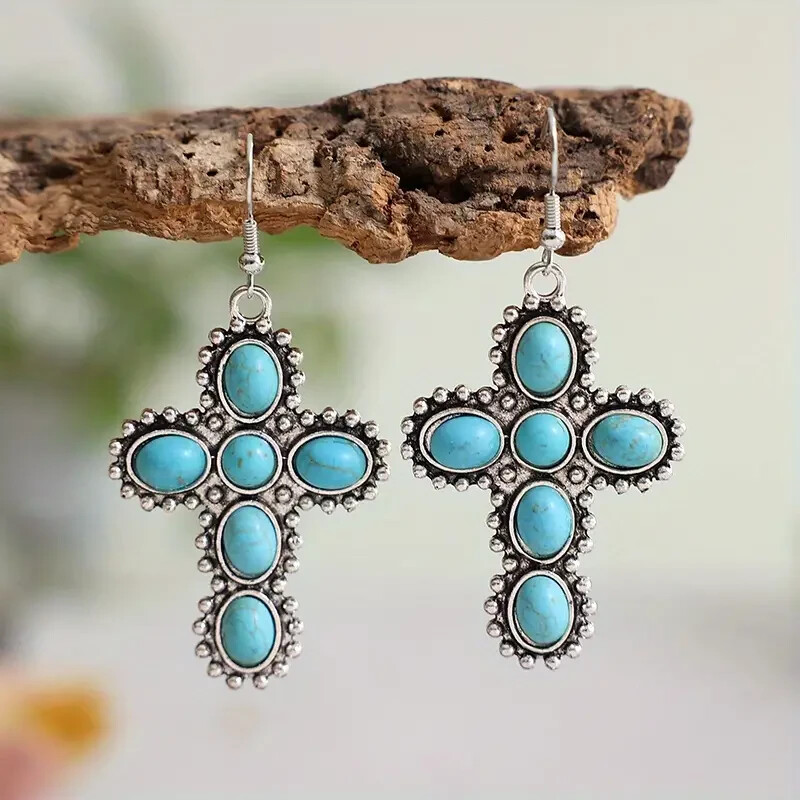 Turquoise Inlaid Cross Dangle Earrings Silver Tone