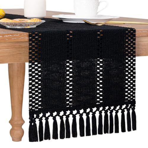Boho Table Runner Macrame Farmhouse Woven Cotton Linen Rustic 13" x 48" Black