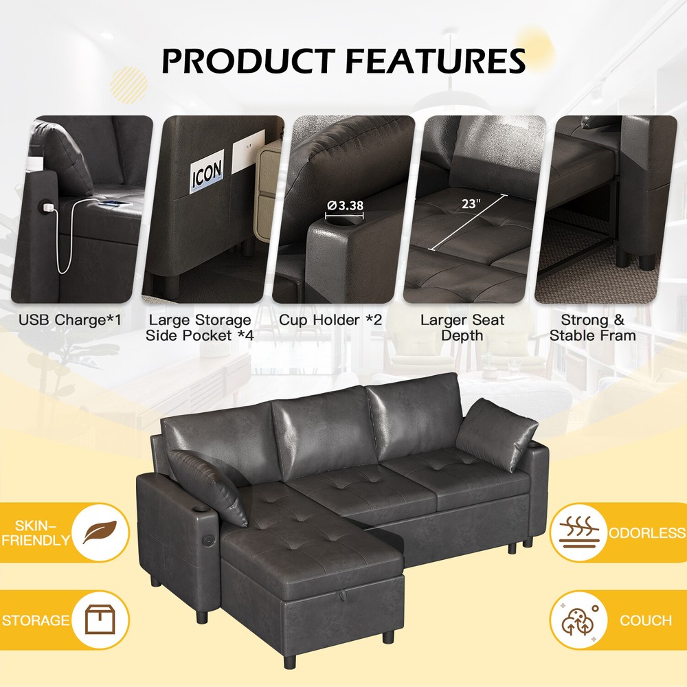 3 in 1 Pull Out Sofa Bed Sleeper Sofa with Storage Chair Sectional L Shape Couch