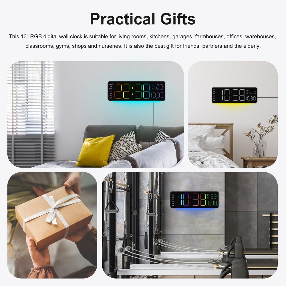 LED Digital Clock Large Display with RGB Color Remote Control, 13" Large Digi...