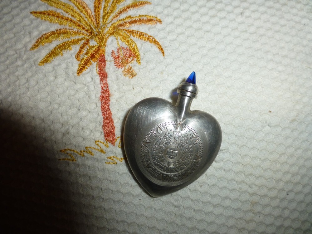 Mexico Sterling Silver Aztec Heart Shaped Chatelaine Perfume / Snuff Bottle