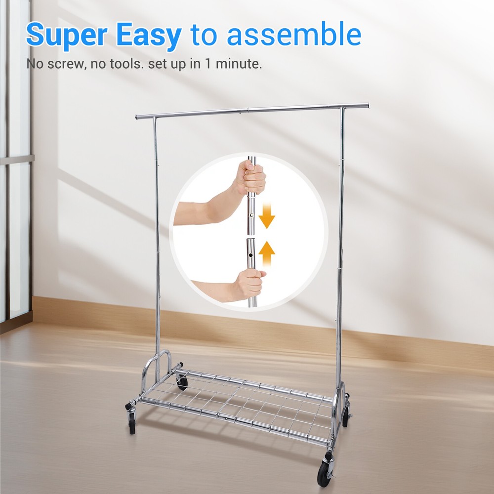Singel Rail Garment Rack with Wheels Multi Purpose Clothes Storage Drying Hanger