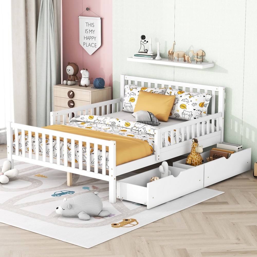 Full Size Bed Frame Wood Platform Bed Frame w/ 2 Drawer & Guardrails White