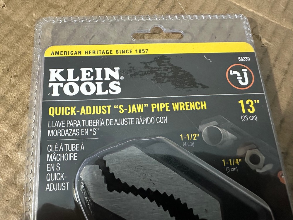 *NEW* KLEIN TOOLS 13" QUICK ADJUST S-JAW PIPE WRENCH 68230
