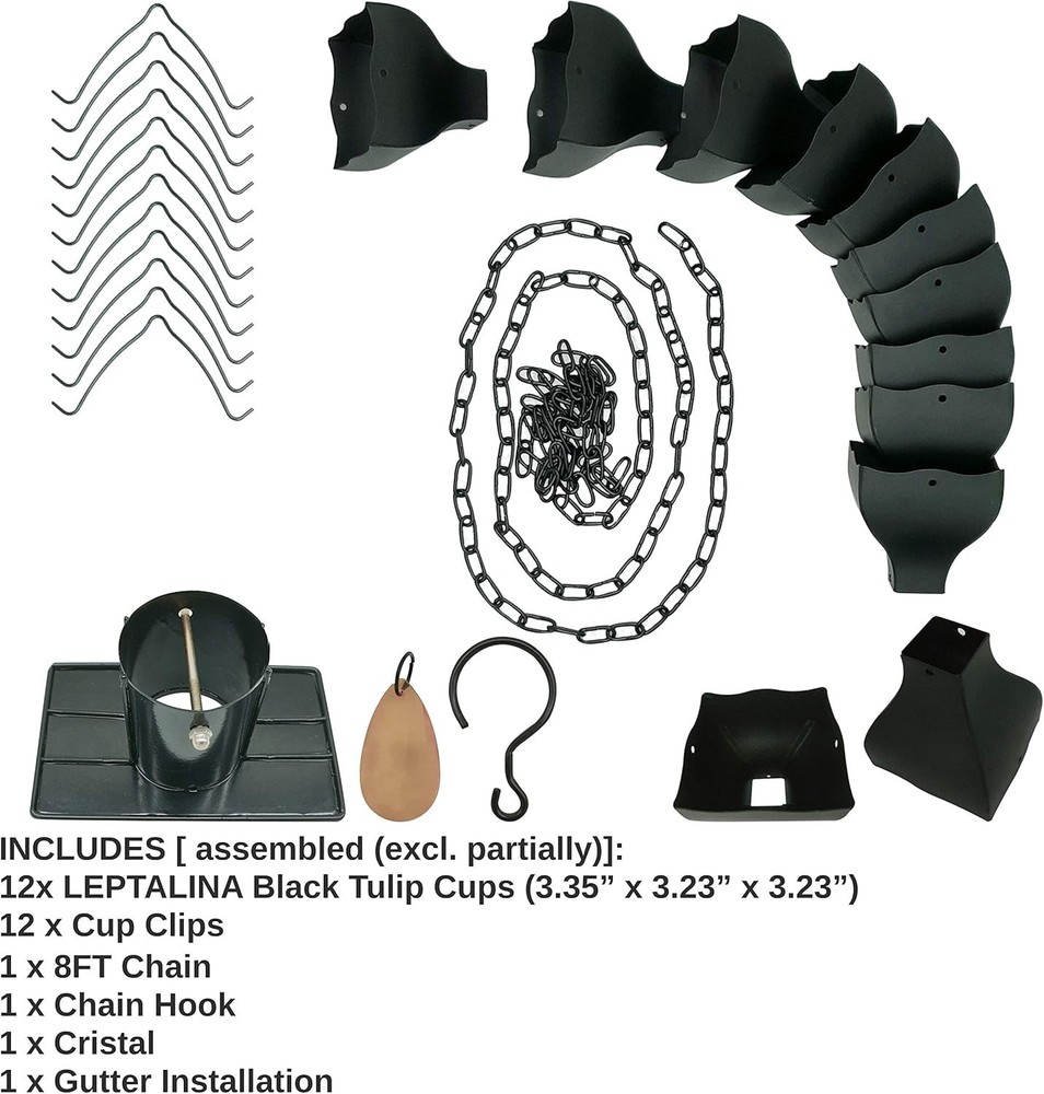 Original 9FT Black Tulip Iron Rain Chains Gutter & Rain Barrel Replacement