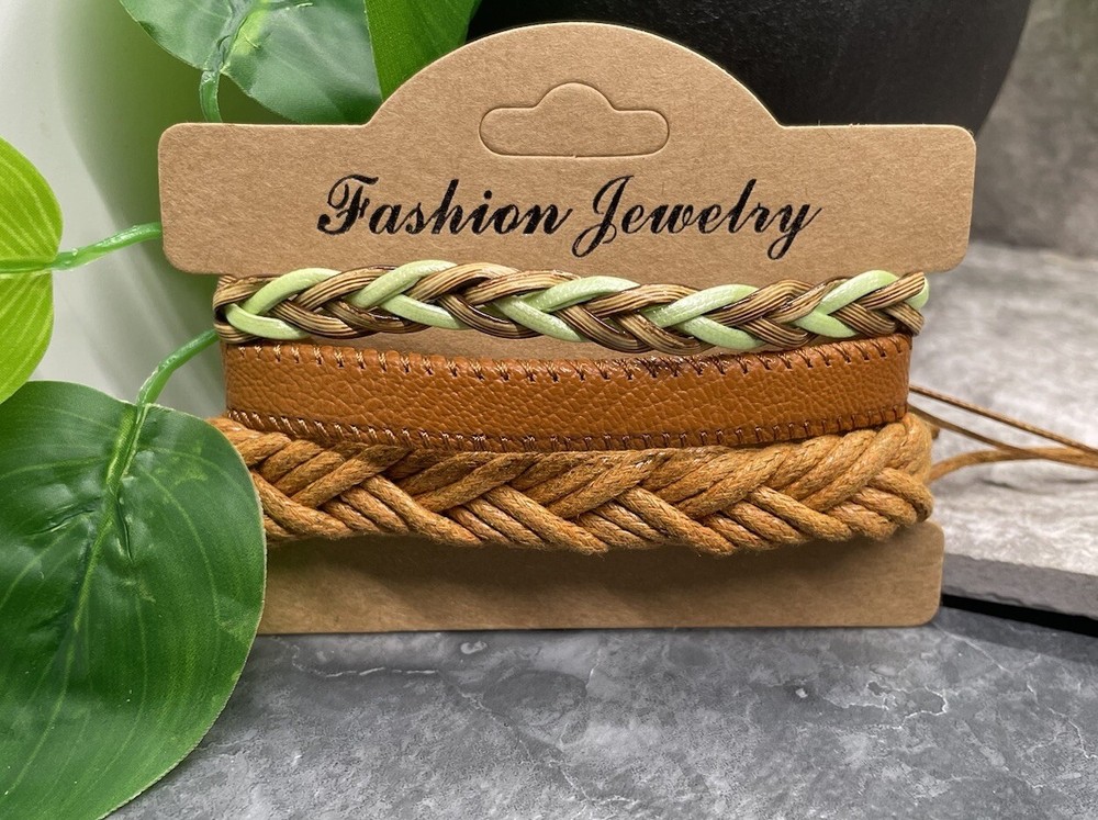 3 PC PU Leather Bracelet Set Stackable Adjustable Tie New Free Ship B3410